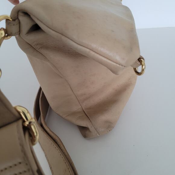 Tory Burch Geniue Leather Tan Beige Foldover Flap Shoulder Bag Purse Medium Fair - Picture 8 of 11